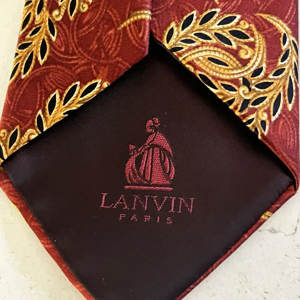 LANVIN PARIS Bordeaux Leaf Print Luxury Silk Tie 3.75” x 59” Made in France